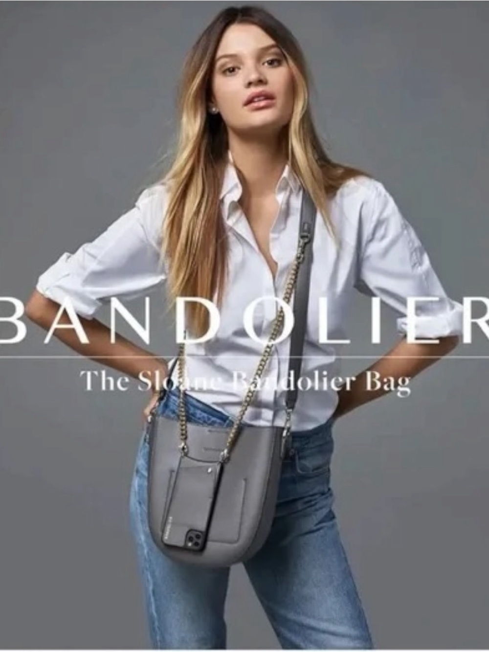 BANDOLIER ✘ Emma Crossbody Bag Gray Taupe Gold Chain Strap Leather Purse $198